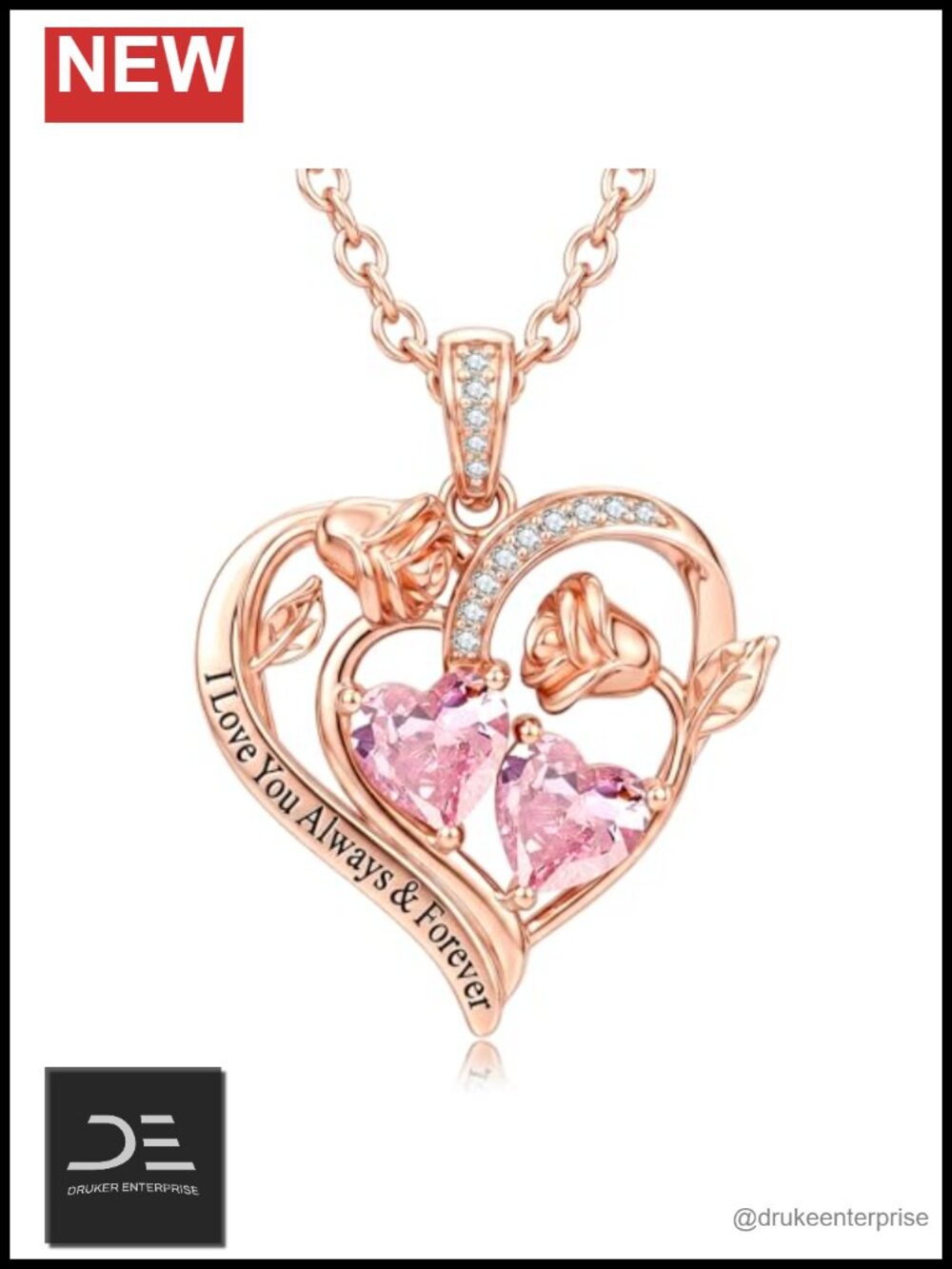 Rose Gold Plated Heart Pendant Necklace with Double Birthstones for Women